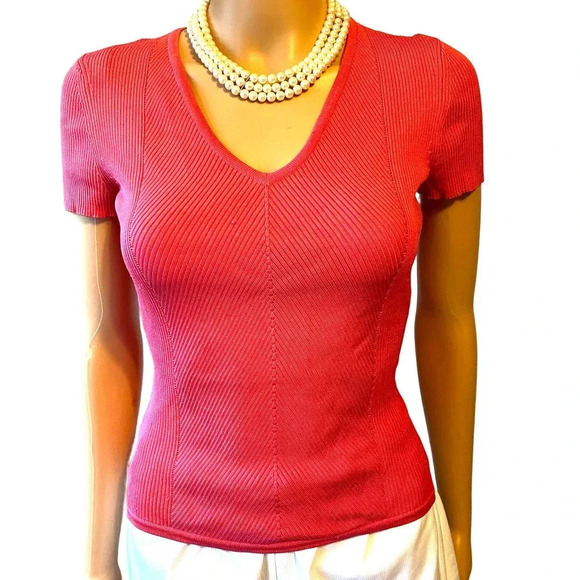 Ann Taylor Silk Nylon Blend Knit V Neck Pink Casual Stretch Blouse Women Size S - Picture 1 of 6
